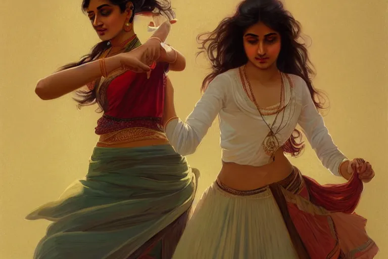 Prompt: Beautiful pale young Indian doctor wearing a skirt dancing in Texas, portrait, elegant, intricate, digital painting, artstation, concept art, smooth, sharp focus, illustration, art by artgerm and greg rutkowski and alphonse mucha