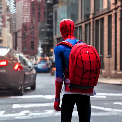 Prompt: photo of spiderman with a backpack on his way to school on the streets of new york, lonely atmosphere, cinematic