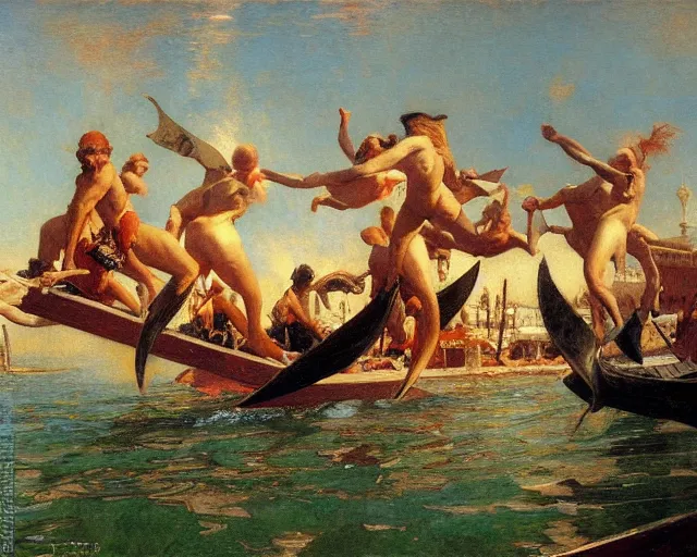 Image similar to dolphins swimming and jumping in venice, painting by gaston bussiere, craig mullins, j. c. leyendecker