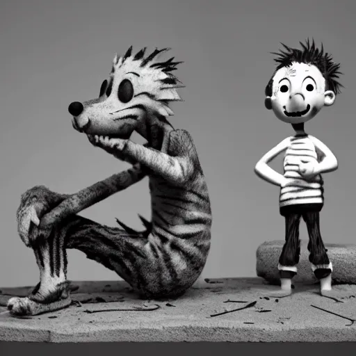 Image similar to Calvin and Hobbes as depressed, sick and dirty homeless adults on crack rock drugs, octane render, sculpture, concept art