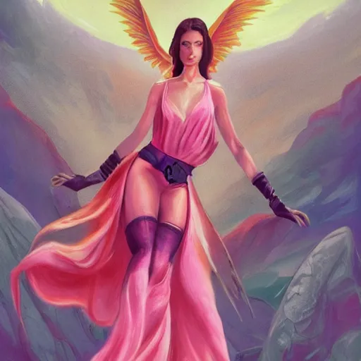 Prompt: lucifer in mountain using pink jumpsuit tarot card, digital, rider waite card, painting, ultradetailed, artstation, oil painting, ultradetailed, artstation