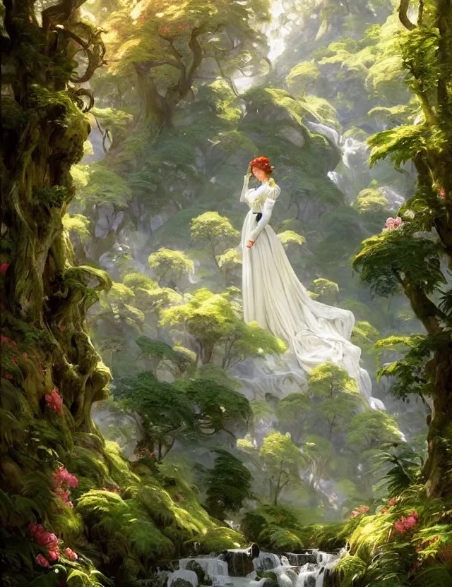 Image similar to beautiful white castle in a mountain forest valley, beautiful landscape, lush foliage, painted by karl kopinsky, john singer sargent, tom bagshaw, norman rockwell, alfonso muha, lolish, trending on artstation