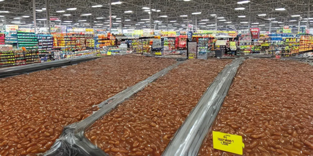 Image similar to the inside of a walmart submerged in baked beans