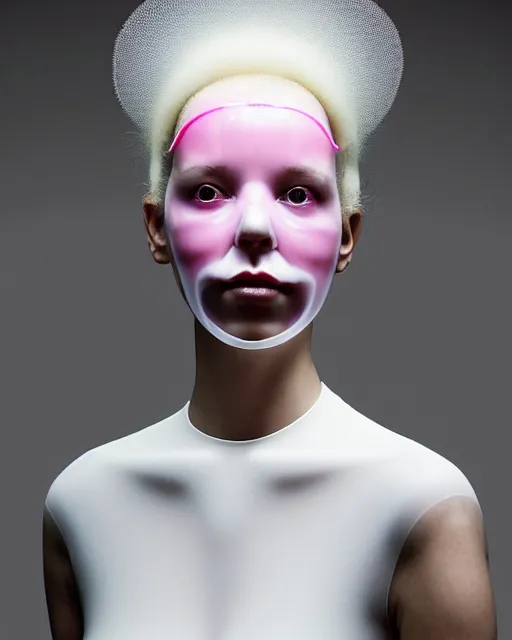 Prompt: portrait of a woman wearing a white embroidered translucent silicone mask and white neon pink frizzy hair buns, wearing a black bodysuit by alexander mcqueen, cream white background, soft diffused light, biotechnology, humanoide robot, bjork aesthetic, translucent, by rineke dijkstra, intricate details, highly detailed, masterpiece,