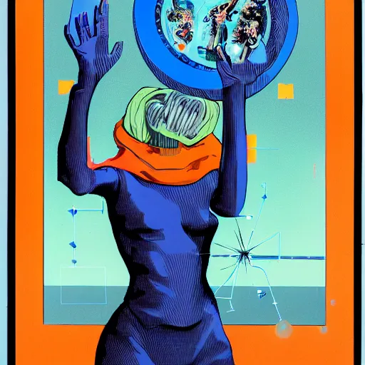 Image similar to A performance art. A rip in spacetime. Did this device in her hand open a portal to another dimension or reality?! warm blue by Robert Williams unified, depressing