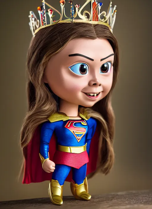 Image similar to closeup face profile portrait of a tin toy greta thunberg as supergirl as a fairytale princess wearing a crown, bikini, depth of field, zeiss lens, detailed, fashion photoshoot, by nicoletta ceccoli, mark ryden, lostfish, breathtaking, 8 k resolution, extremely detailed, beautiful, establishing shot, artistic, hyperrealistic, octane render