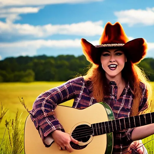 Image similar to a female fluffy anthropomorphic fox animal, head of fox, wearing cowboy hat, wearing plaid shirt, playing guitar, in a field, barn in background, album cover style