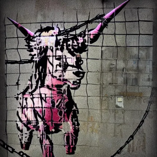 Prompt: muscular unicorn wrapped in barbed wire, punkrock banksy poster, colored photocopy collage, photorealistic