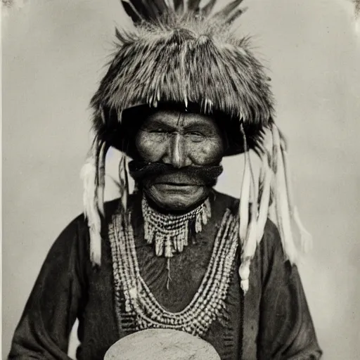 Prompt: minusinsk, siberia a tartar medicine man or shaman in ceremonial dress with a covered face, holding a drum. photograph, ca. 1 9 2 0