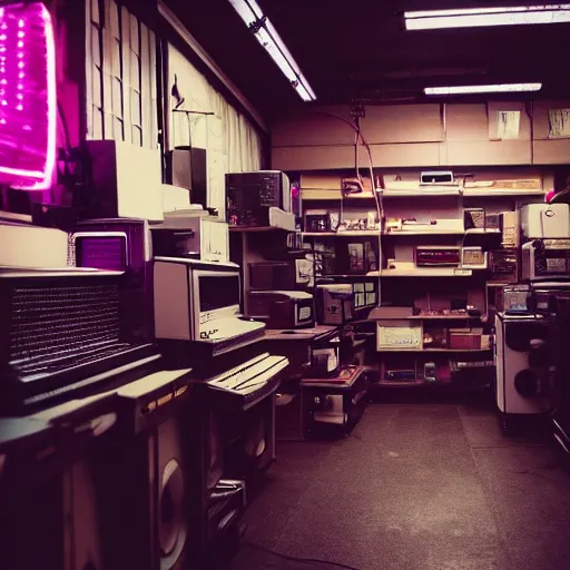 Image similar to old computers in a japanese thrift store, cinematic light, retrowave atmospheric, synthwave atmosphere, cyberpunk atmo, 8 k photography