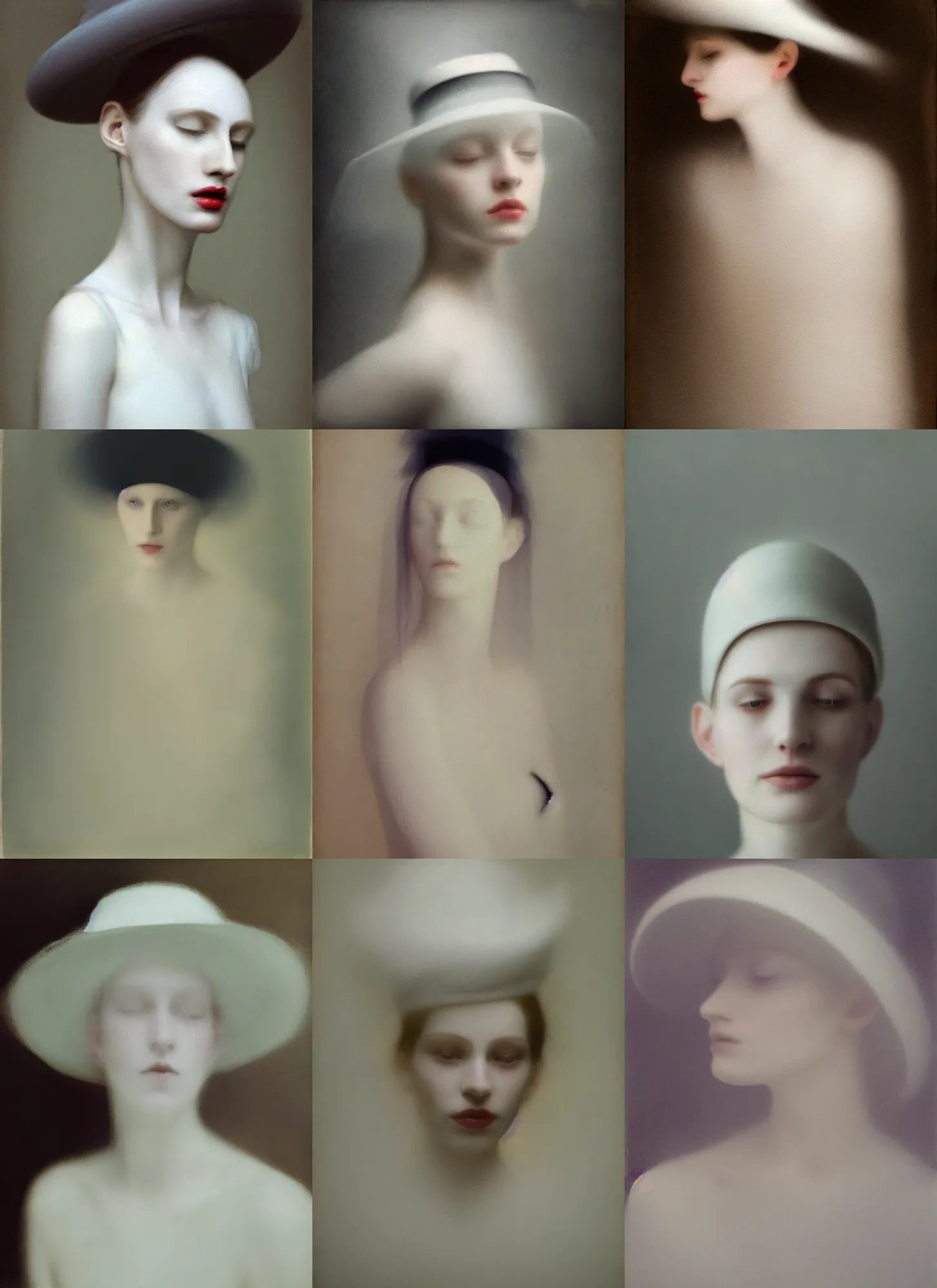 Image similar to out of focus photorealistic portrait of a beautiful pale young woman by sarah moon, very blurry, translucent white skin, closed eyes, foggy, closeup, with a weird hat