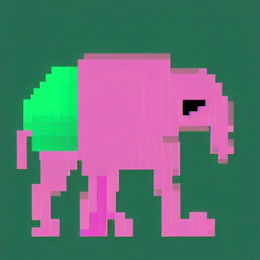 Prompt: a antropomorphic xenomorphic cyborg elephant with pink head and green body, pixel art