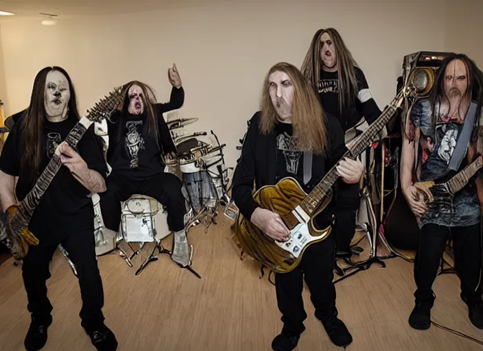 Image similar to a death metal band performing in a retirement home.