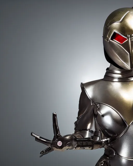 Image similar to realistic photo portrait of a metal hero sentai woman with human head, studio lighting, 1 5 0 mm