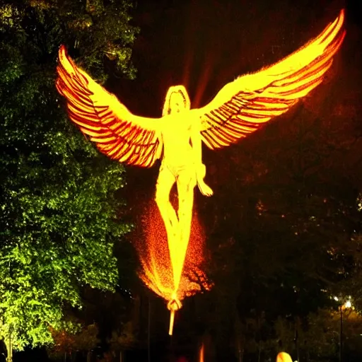 Prompt: photograph of a horrific, bright, shining holy angel descending upon a city park. the park is on fire