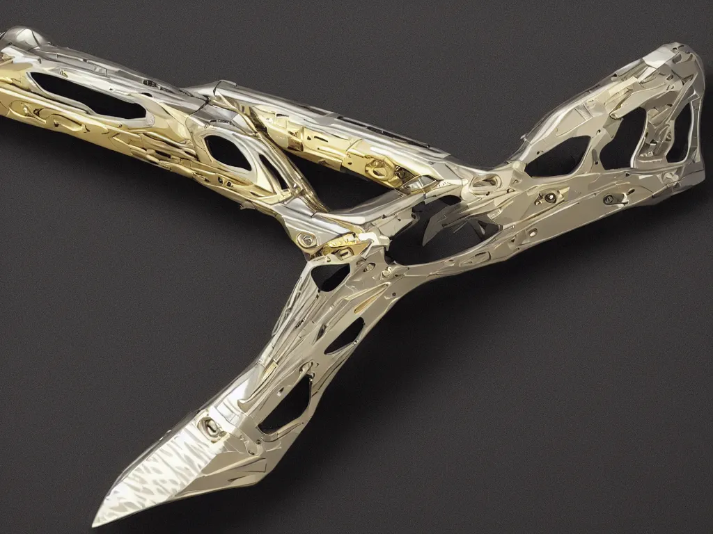 Image similar to intricate futuristic weapon made of brushed metal, chrome and carbon, gold linings