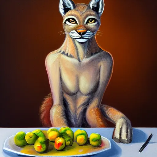 Image similar to a painting of an anthropomorphic lynx sitting at a table with apples, a character portrait by lois van baarle, furry art, speedpainting, furaffinity, tarot card, yoshitaka amano style