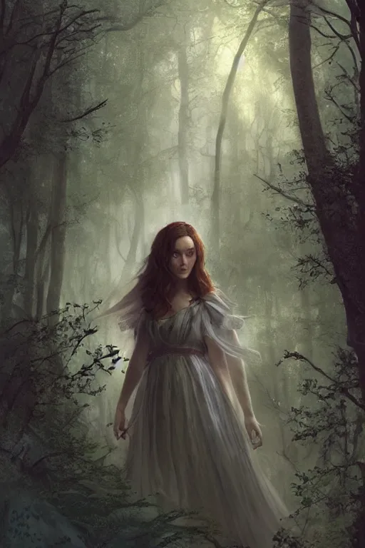 Prompt: A beautiful fairy princess(looking like Rose Byrne), in a dark forest, telephoto close up, cool tones, underexposed, overecast, mysterious matte painting by greg rutkowski and marc simonetti and Ivan Shishkin and christophe Vacher, 4k