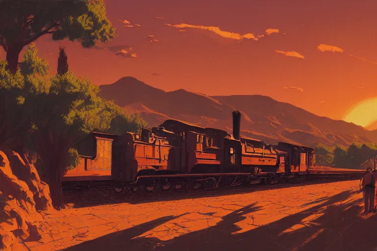 Image similar to idyllic old western train station illustration by syd mead, artstation, 4 k, graphic novel, concept art, matte painting, steam engine, beautiful mountain desert sunset background, golden hour