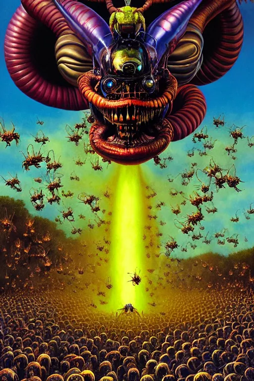 Image similar to a hyperrealistic painting of an epic boss fight against a swarm of alien hornets on a sunny day at the park, cinematic horror by chris cunningham, lisa frank, richard corben, highly detailed, vivid color,