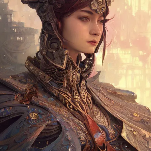Prompt: hyperdetailed beautiful queen armored girl. highly detailed, digital painting, sharp foccus ilustration, artstation hq. intricate, elegant. wlop, greg rutkowski, alphonse mucha,. dan mumford, rossdraws, marc simonetti. background by repin. abstract collage. full height. louise zhang.