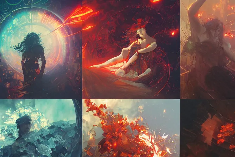 Prompt: arcs of flame, simulation of water splashes, shards of mercury, dramatic lighting, cyberpunk neon, secret cypher, red flowers, solar flares, intricate art by John Collier and Albert Aublet and Krenz Cushart and Artem Demura and Alphonse Mucha