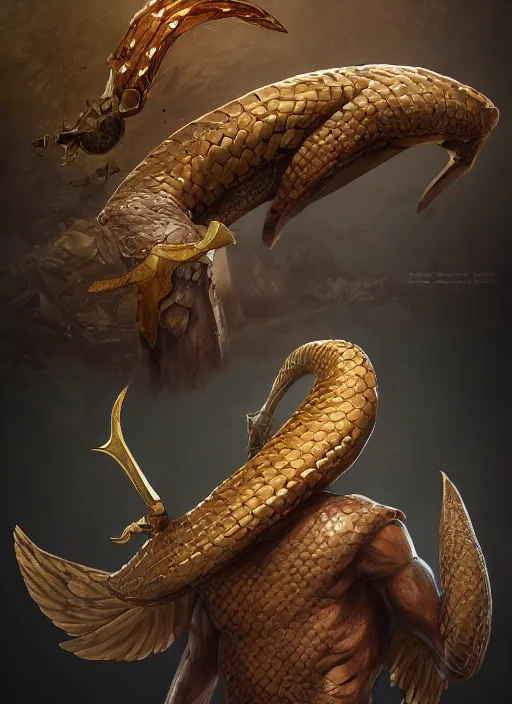 Image similar to Aspis a fantasy charater Proto-Slavic mythology, a winged snake with two trunks and a bird's beak. Aspis is invulnerable to conventional weapons, it cannot be killed with a sword or arrow, but can only be burned, full body, detailed and realistic, 4k, top-artstation, inspired blizzard games, octane render