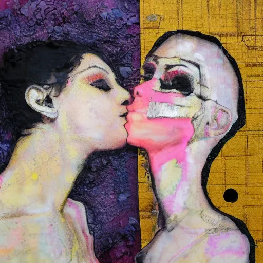 Image similar to mixed media collage of two women kissing, highly detailed, oil paint and canvas texture, punk expressionism