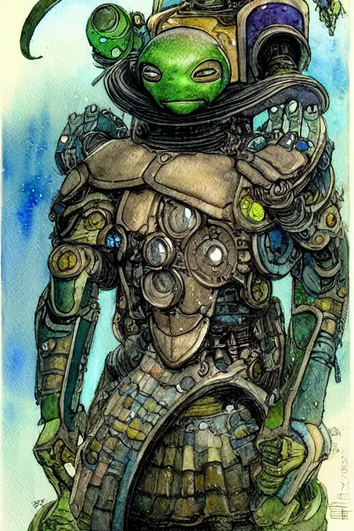 Image similar to a realistic and atmospheric watercolour fantasy character concept art portrait of a mechanized android turtle as a druidic warrior wizard looking at the camera with an intelligent gaze, very muted colors, by rebecca guay, michael kaluta, charles vess and jean moebius giraud