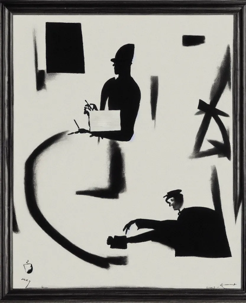 Image similar to a beautiful painting of a soldier's hand writing a letter to home with wwii in background, black and white, painted by laszlo moholy - nagy