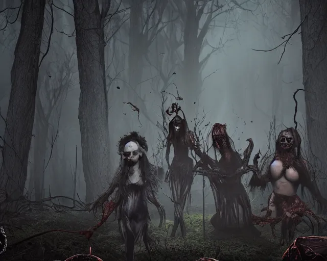 Prompt: the scariest witches surrounded by horror creatures in the scariest dark forest, epic scene, dark, scary, horror, frightening, fantasy, cinematic, redshift render, cgi, hyper - detailed, photo - bash, 8 k post - production, masterpiece