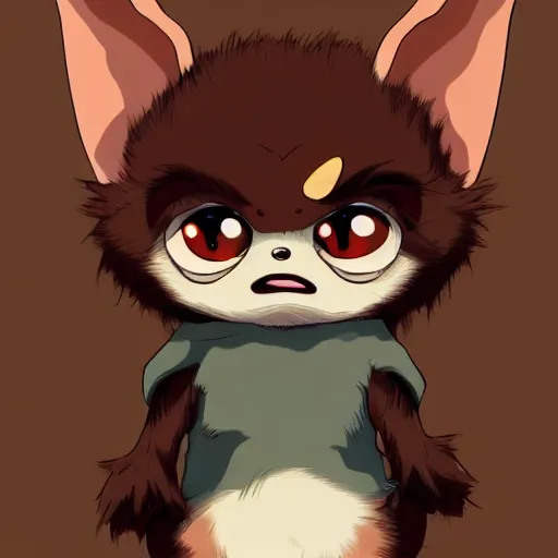 Image similar to Gizmo Mogwai from Gremlins playing around, cute anime, by Ghibli, trendy on artstation