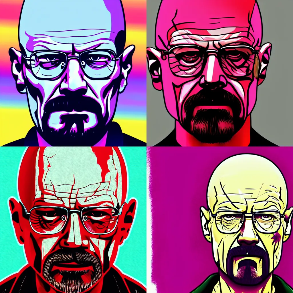 Prompt: Walter white, accurate anatomy, highly detailed, digital art, centered, portrait, colored vibrantly, in the style of hotline Miami