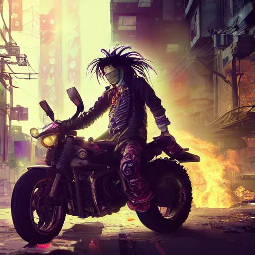 Image similar to portrait painting of a street samurai with long purple hair riding a motorcycle through a burning cyberpunk slum, glitchwave, ultra realistic, concept art, intricate details, eerie, highly detailed, photorealistic, octane render, 8 k, unreal engine. art by nivanh chanthara