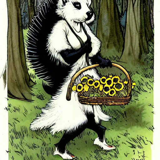 Prompt: A cute sleek-furred skunk-girl Herbalist collecting flowers in the forest. Absurdly-detailed fantasy character illustration by Rebecca Guay and Wayne Reynolds