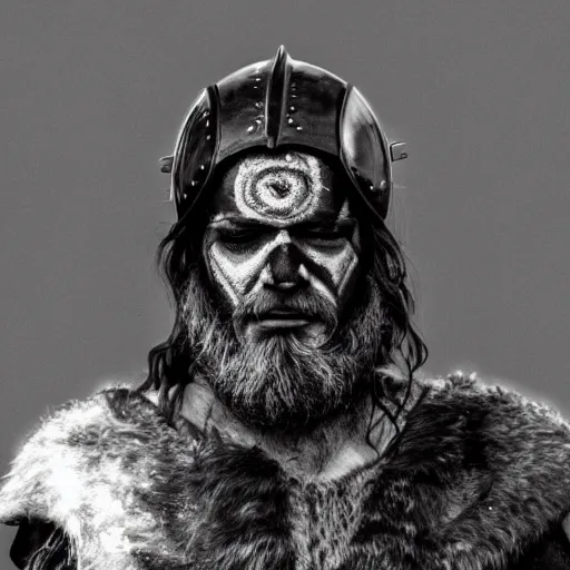 Prompt: viking in black body armour with black and white face painting, extremely detailed image from a film, full color