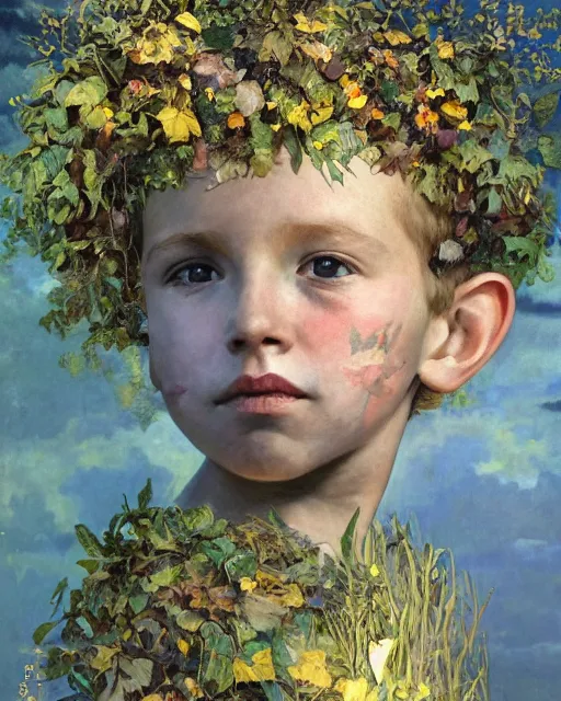 Prompt: portrait of a child made out of leaves and ivy and flowers, cinematic light, backlight, blue sky gold, mist, clouds, by mikhail vrubel, by philippe druillet, by wlop, by peter elson, by gerald brom, muted colors, ( extreme detail ), trending on artstation, 8 k