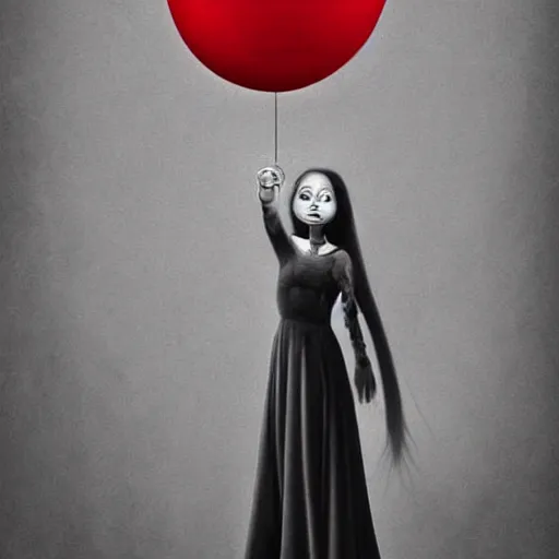Image similar to digital art of Billie eilish with a wide smile and a red balloon by Zdzisław Beksiński, loony toons style, pennywise style, corpse bride style, creepy lighting, horror theme, detailed, elegant, intricate, conceptual, volumetric light