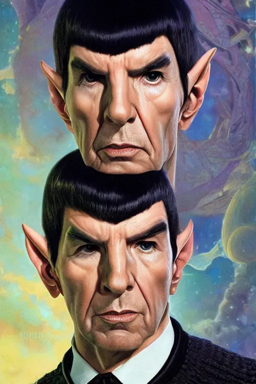 Image similar to photorealistic portrait photograph of spock as a glorious regal space king, sleek outfit, upper body, fantasy, handsome, depth of field, soft focus, highly detailed, intricate, realistic, national geographic cover, soft glow, textured, artstation, concept art, sharp focus, illustration, art by artgerm and greg rutkowski and alphonse mucha