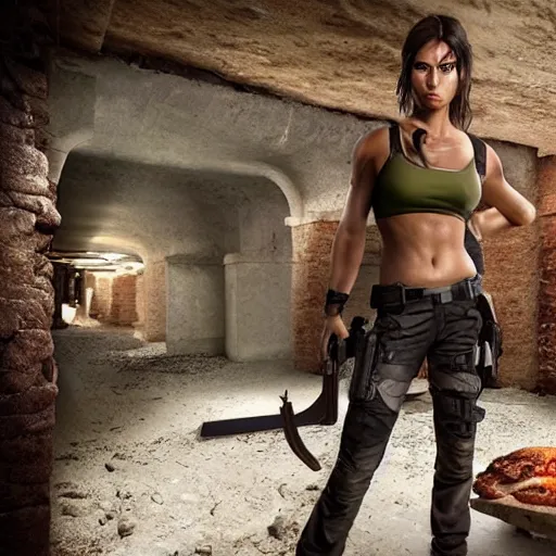 Prompt: Lara Croft raiding a tomb to get the all new McRib®, realistic photography