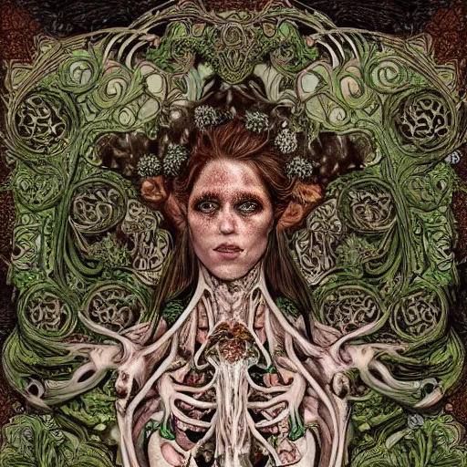 Prompt: a beautiful detailed front view portrait of a rotten woman corpse with fractal plants and fractal flowers and mushrooms growing around, intricate, symmetrical, ornate, ornamentation, bones, illustration, in the style of art nouveau