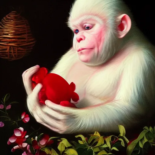 Image similar to magical scene. the sweet old very fat baby white monkey, red lips, blue eyes, is in love with her fancy beautiful colorful white fish. close up. clear face. subsurface scattering shiny skin. cinematic scene. glossy. highly detailed, color harmony, art station, ornate, caravaggio style. 3 d, beautiful lighting, old photography