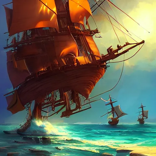 Image similar to sunny's pirate ship from one piece, cgsociety, fantasy art, 2 d game art, concept art, heavenly lighting, retrowave, behance hd, concept art by jesper ejsing, by rhads, makoto shinkai cyril rolando, madgwick