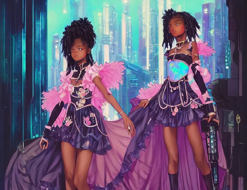 Prompt: black - skinned princess in a opal palace, wearing a lolita dress with cyberpunk elements. this oil painting by the award - winning mangaka has an interesting color scheme and impeccable lighting.