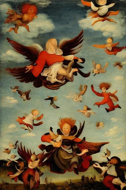 Image similar to ronald mcdonald as an angel ascending into the heavens with wings made of french fries, cute winged chicken nuggets flying all around, halo, sunbeams, clouds, oil on panel, by pieter brueghel