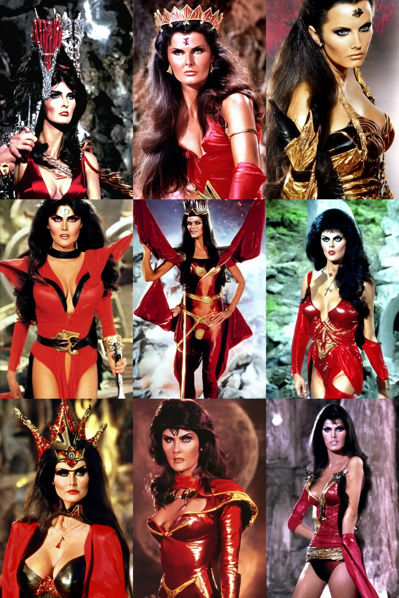 Prompt: Pretty Face Caroline Munro as Princess Aura in Flash Gordon 1980, Red Gold and Black outfit, film still