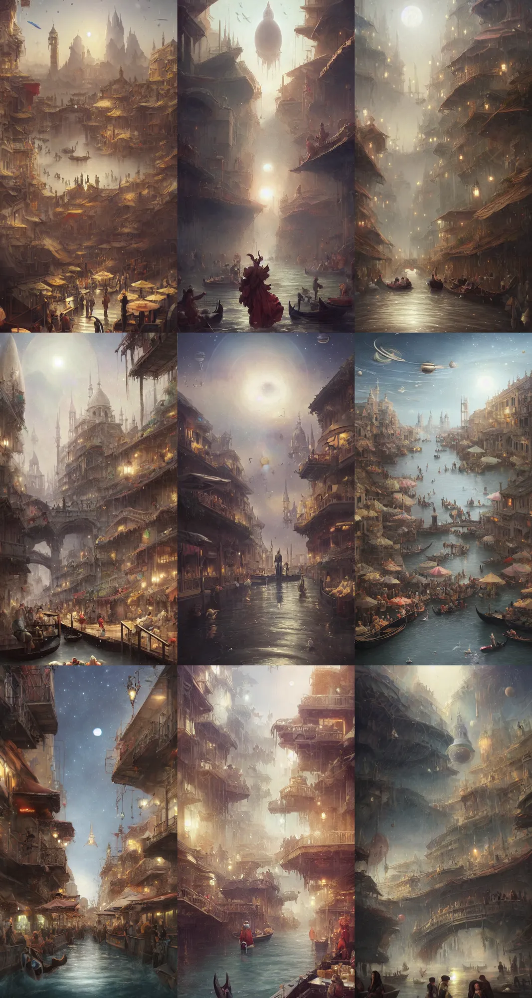 Prompt: floating wet renaissance venice market with vendors on a luxurious road on interstellar solar system with nearby planets seen from the distance, advanced highway, star trek style, by peter mohrbacher, jeremy mann, greg rutkowski, android james, ross tran, beautiful, award winning scenery, 8 k quality, clean details, serene, sakura season