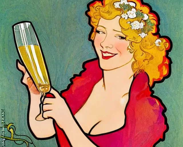 Prompt: mucha, blonde woman, a glass of champagne, cheerful, bright, clear colors, realistic