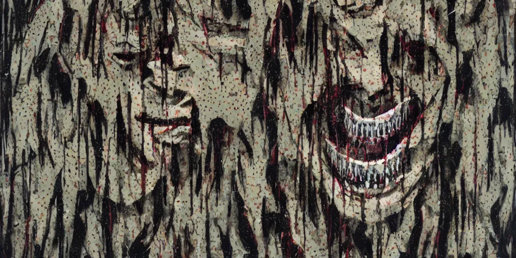 Image similar to camo made of teeth, smiling, abstract, francis bacon artwork, cryptic, dots, stipple, lines, splotch, color tearing, pitch bending, faceless people, dark, ominious, eerie, minimal, points, technical, old painting