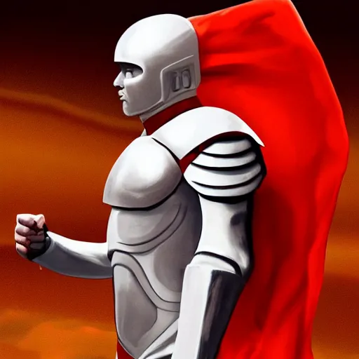 Image similar to portrait of a tall athletic muscular infantry man in glossy sleek white armor with tiny red details and a long red cape, heroic posture, on the surface of mars, night time, dramatic lighting, cinematic, sci-fi, hyperrealistic, movie still